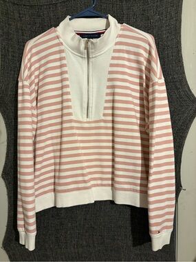 Tommy Hilfiger Pink and White Striped Half-Zip Pullover